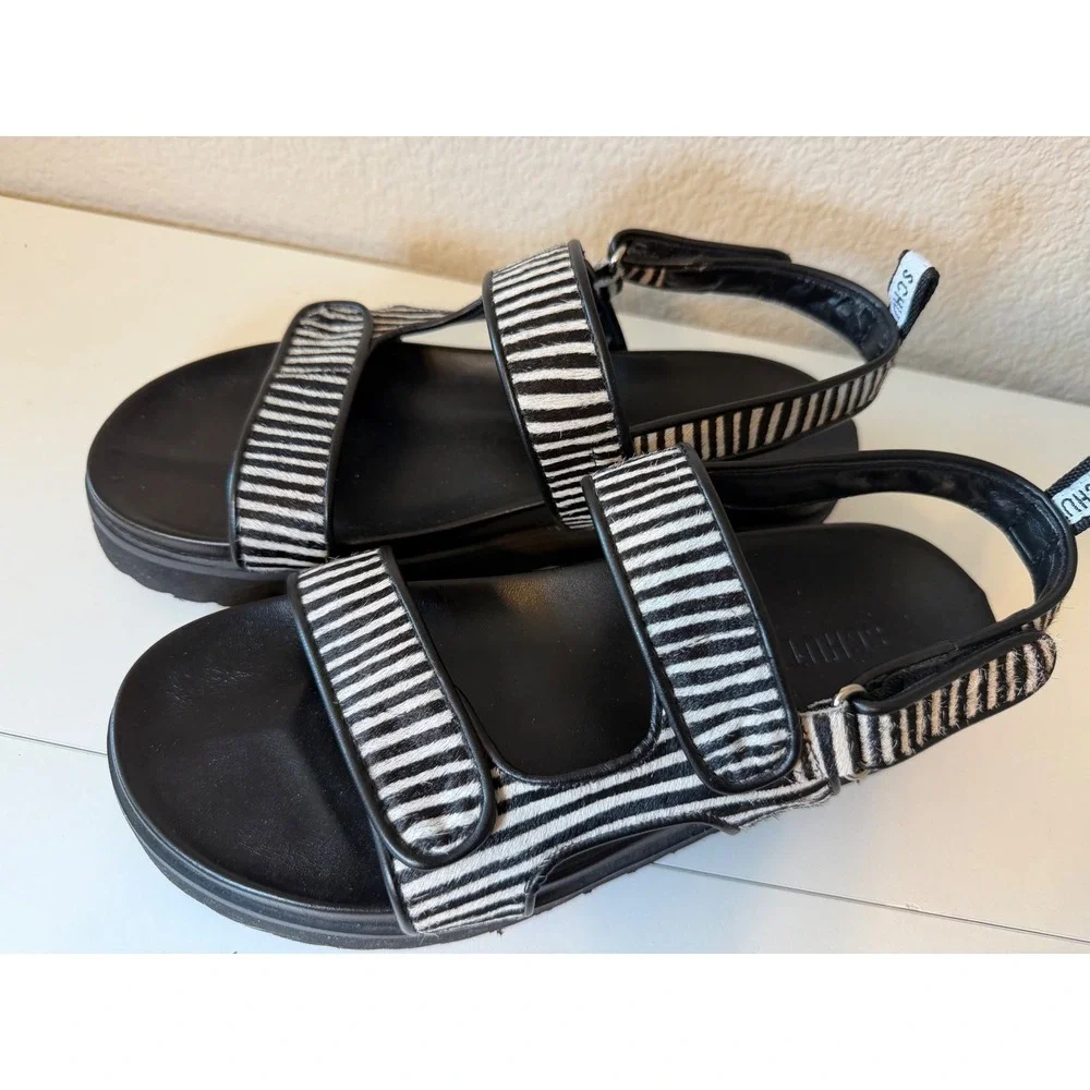 Schutz Black White Striped Calf Hair Platform Slingback Sandals Womens 9.5B